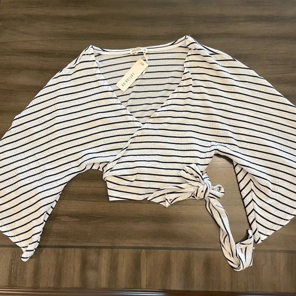Stripe rib-knit tie crop top